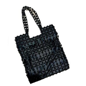 Vintage Giorgio Beverly Hills Black Beaded Satin Evening Bag Flapper Style Purse